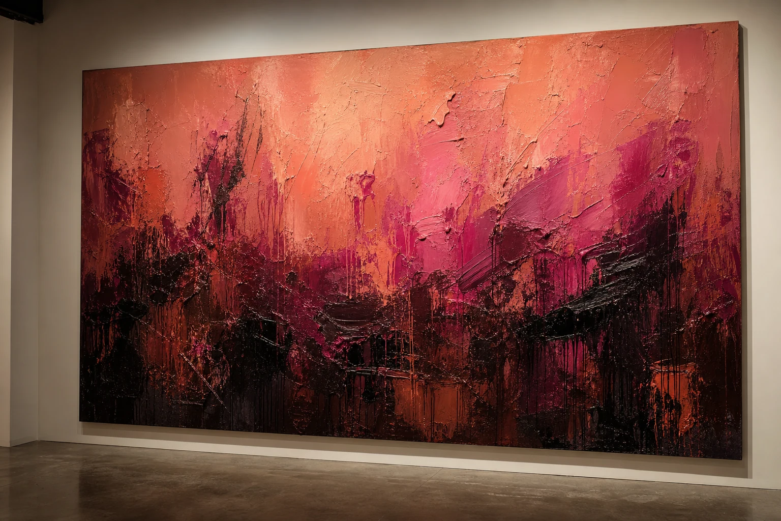 Extra-large plum, coral, and black expressionist oil painting with thick texture and dramatic dripped marks.