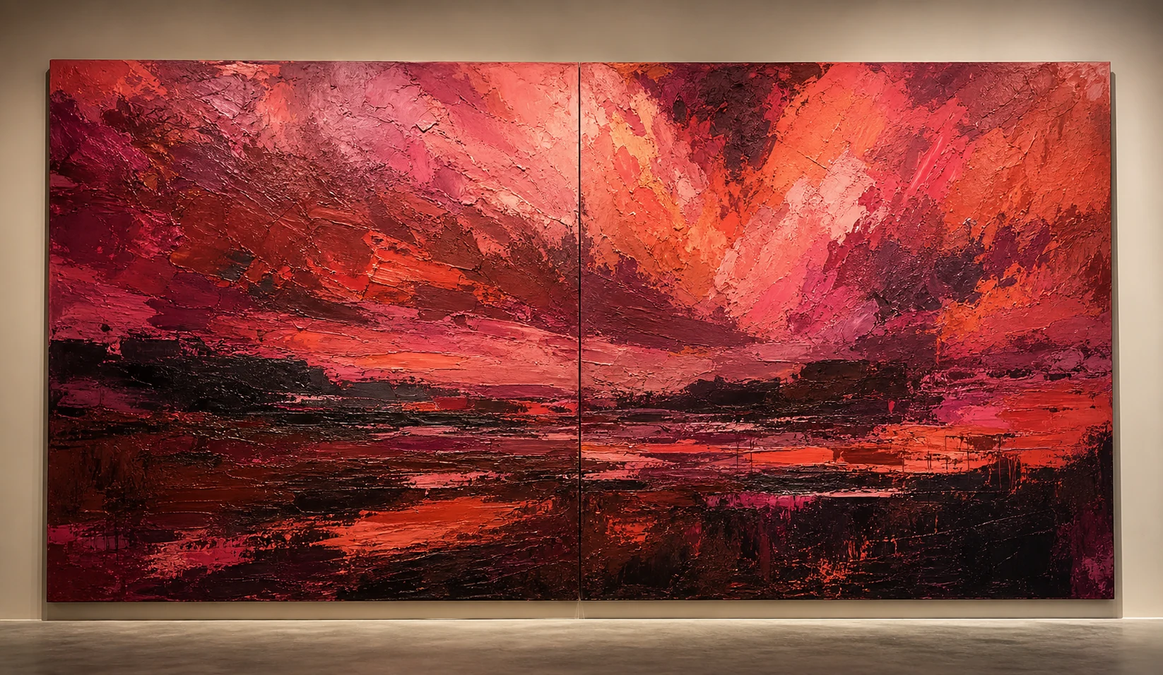 Massive crimson, coral, and black expressionist oil painting presented as a heavily textured diptych.