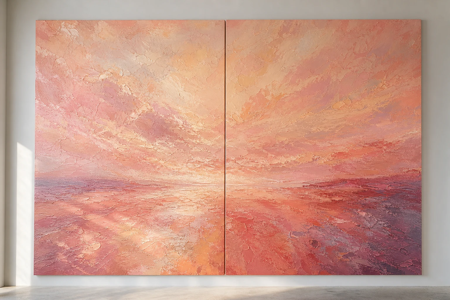 Extra-large coral and blush impressionist oil painting presented as a textured diptych on a gallery wall.