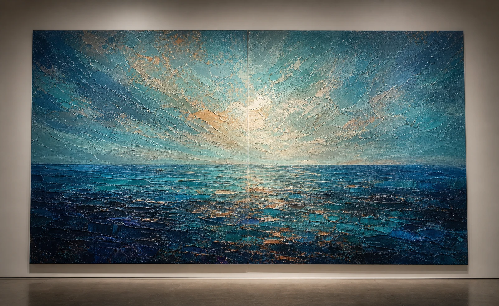 Massive teal, cobalt, and indigo impressionist ocean painting presented as a textured diptych.